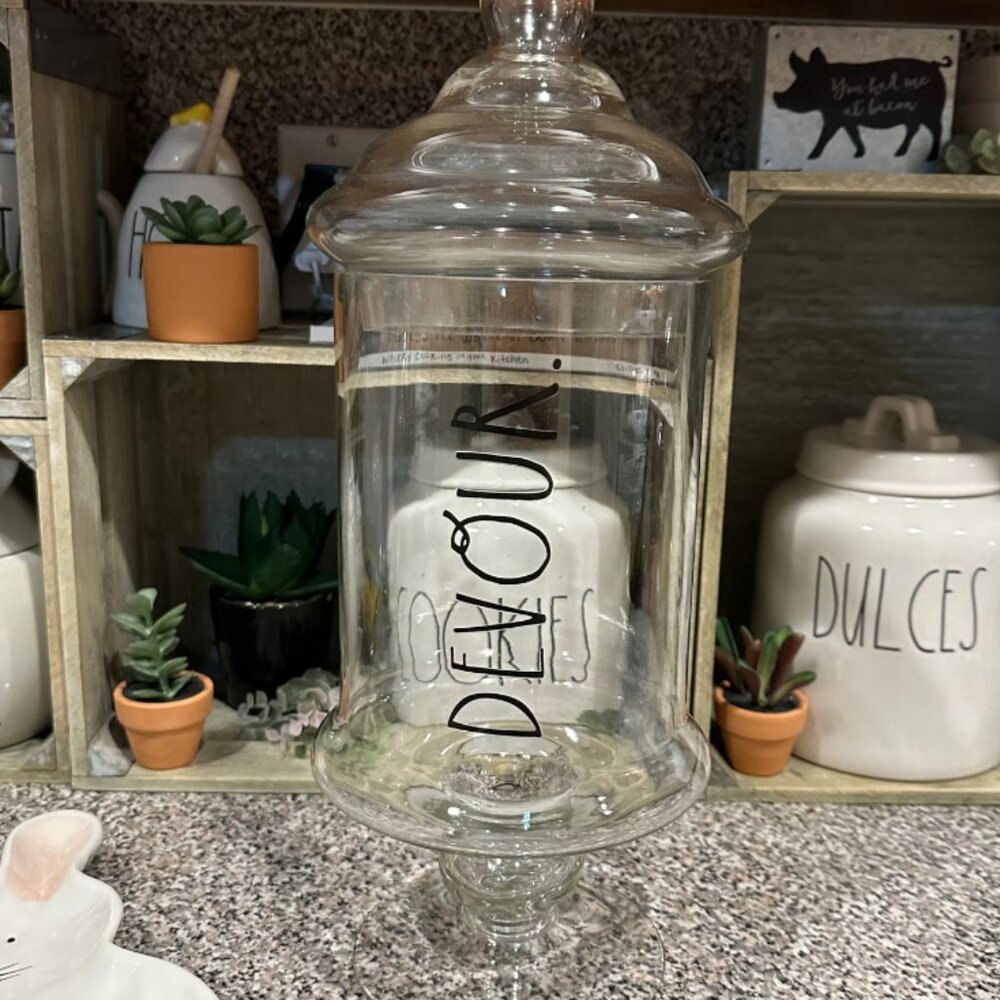 Rae Dunn "DEVOUR" Large Apothecary Jar - Glass Candy Canister with Lid